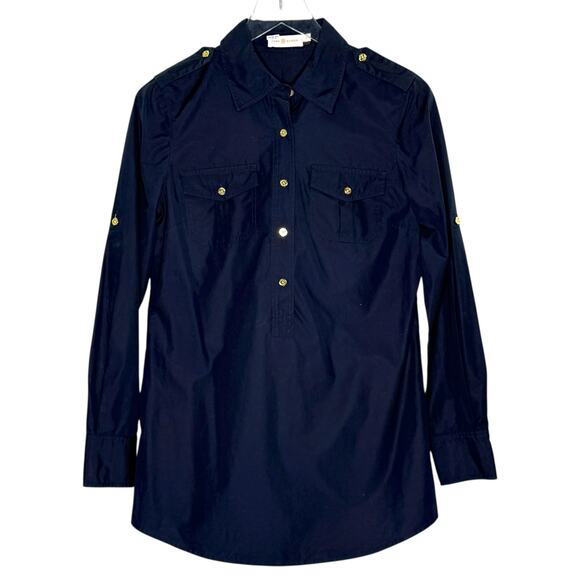 Tory Burch 6 Womens Navy Gold Button Popover Tunic Top Cotton Poplin Preppy - Picture 1 of 11